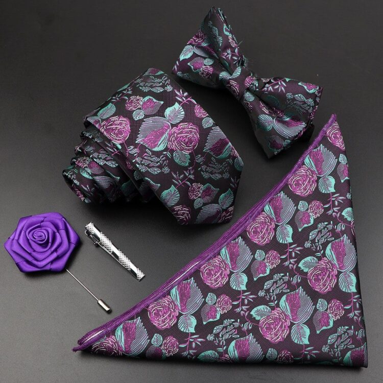 Ensemble cravate Jacquard en Polyester pour homme avec nœud papillon et mouchoir violet