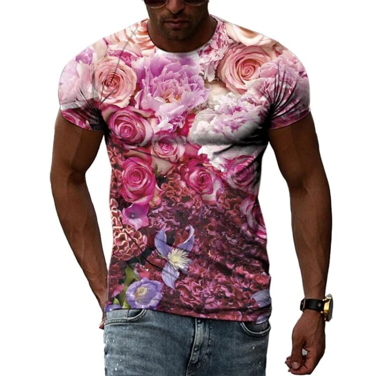 T-shirt fleuri manches courtes col rond pour homme rose