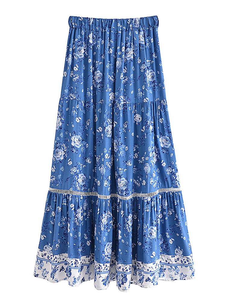 Jupe longue fleurie en coton plissée bleue jupe longue fleurie en coton plissee bleue 2