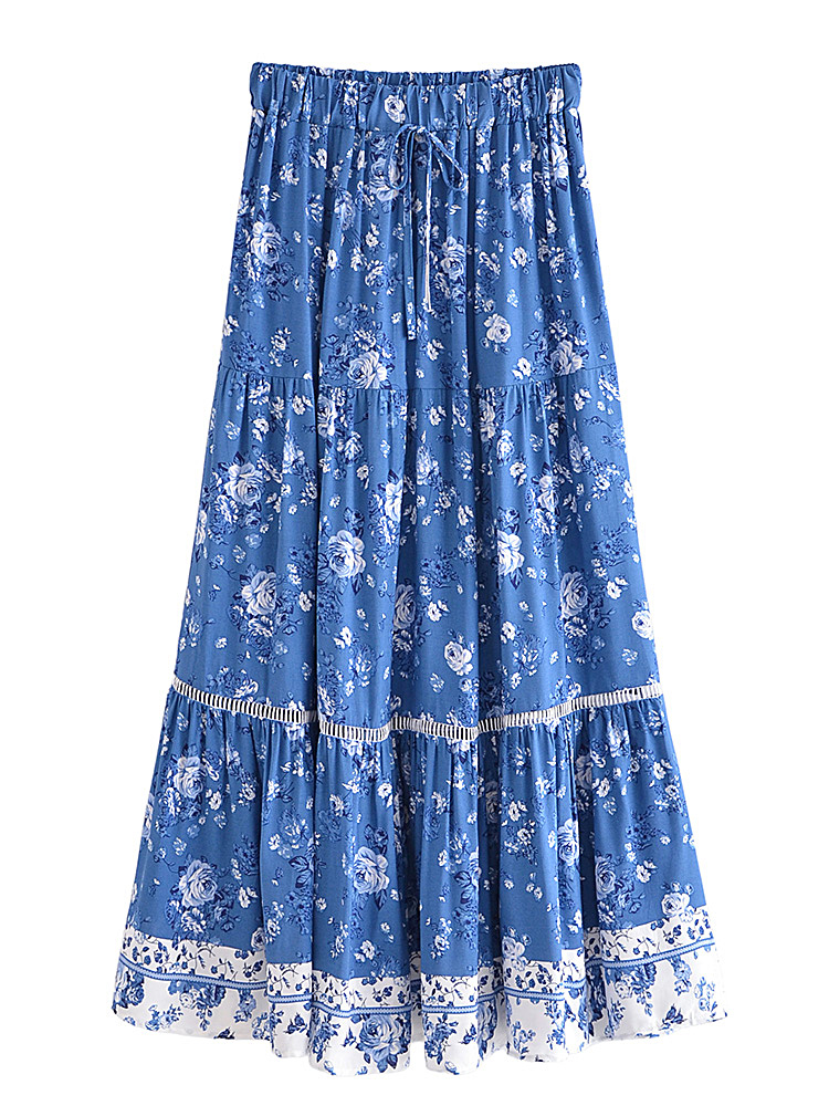 Jupe longue fleurie en coton plissée bleue jupe longue fleurie en coton plissee bleue 5