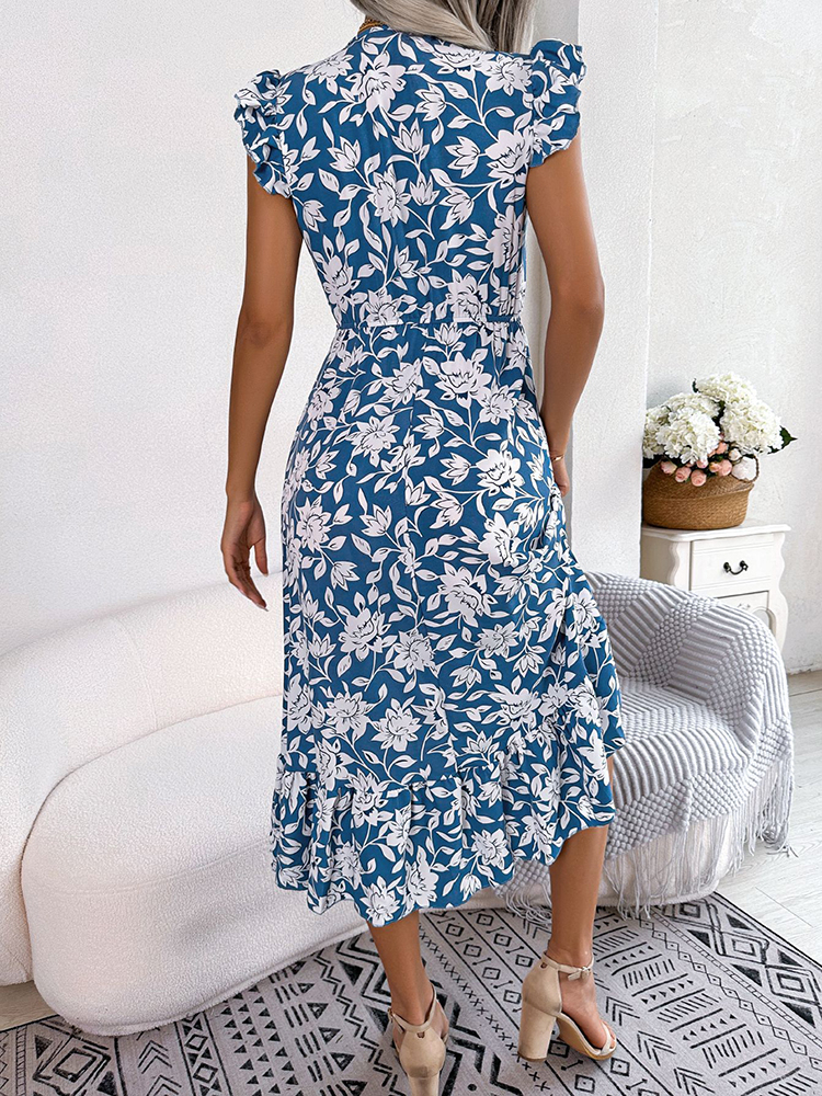 Longue robe imprimée à col en V pour femme bleue longue robe imprimee a col en v pour femme bleue 2