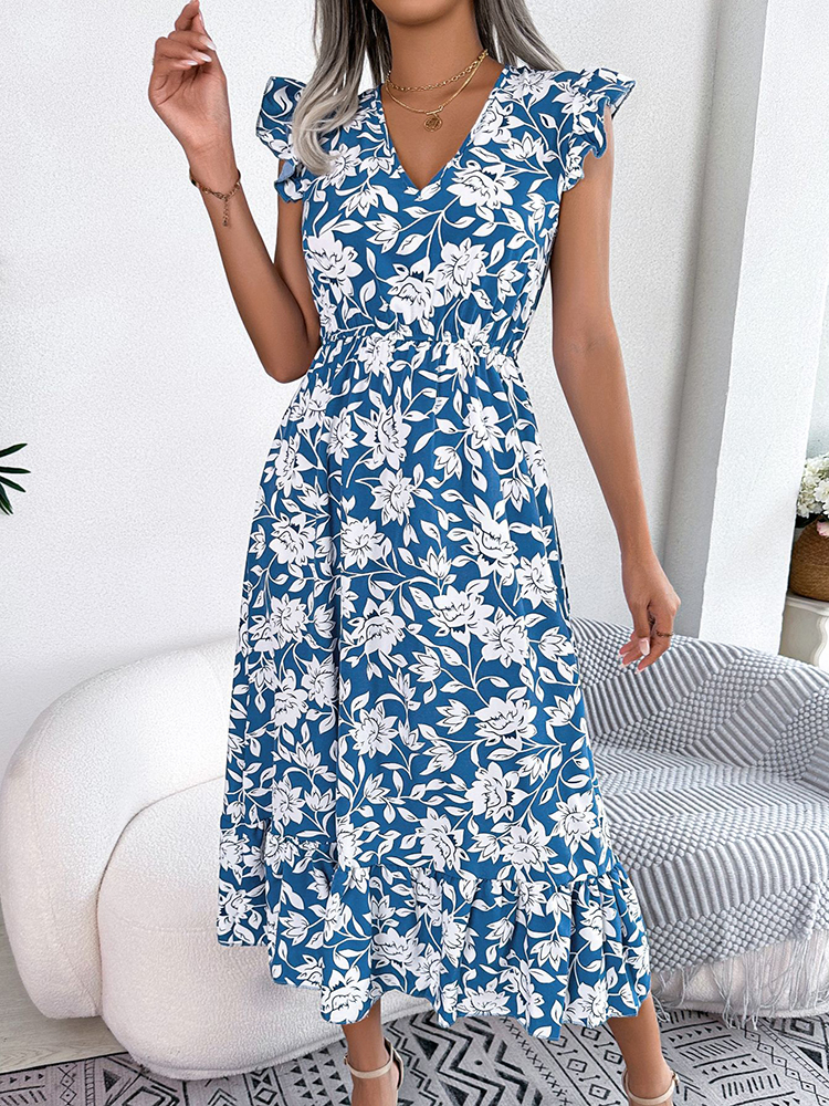 Longue robe imprimée à col en V pour femme bleue longue robe imprimee a col en v pour femme bleue 6
