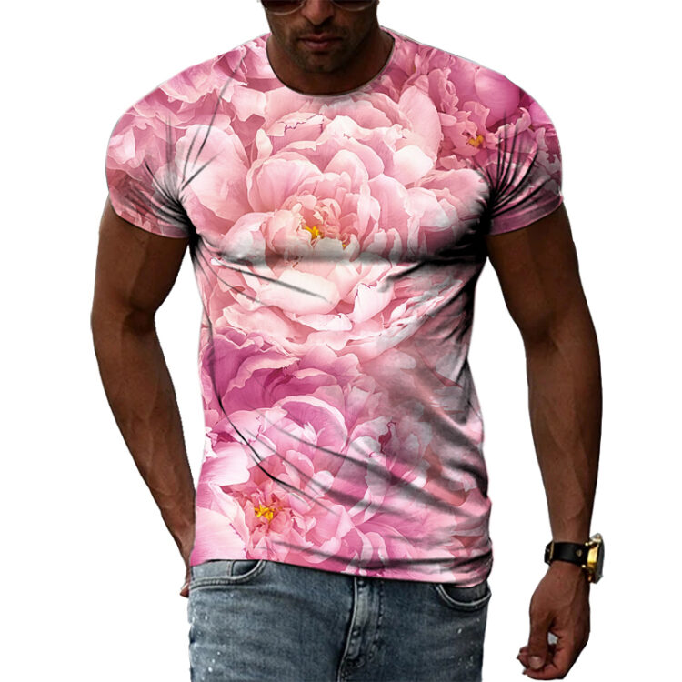 T-shirt fleuri manches courtes col rond pour homme à motif de pivoines roses